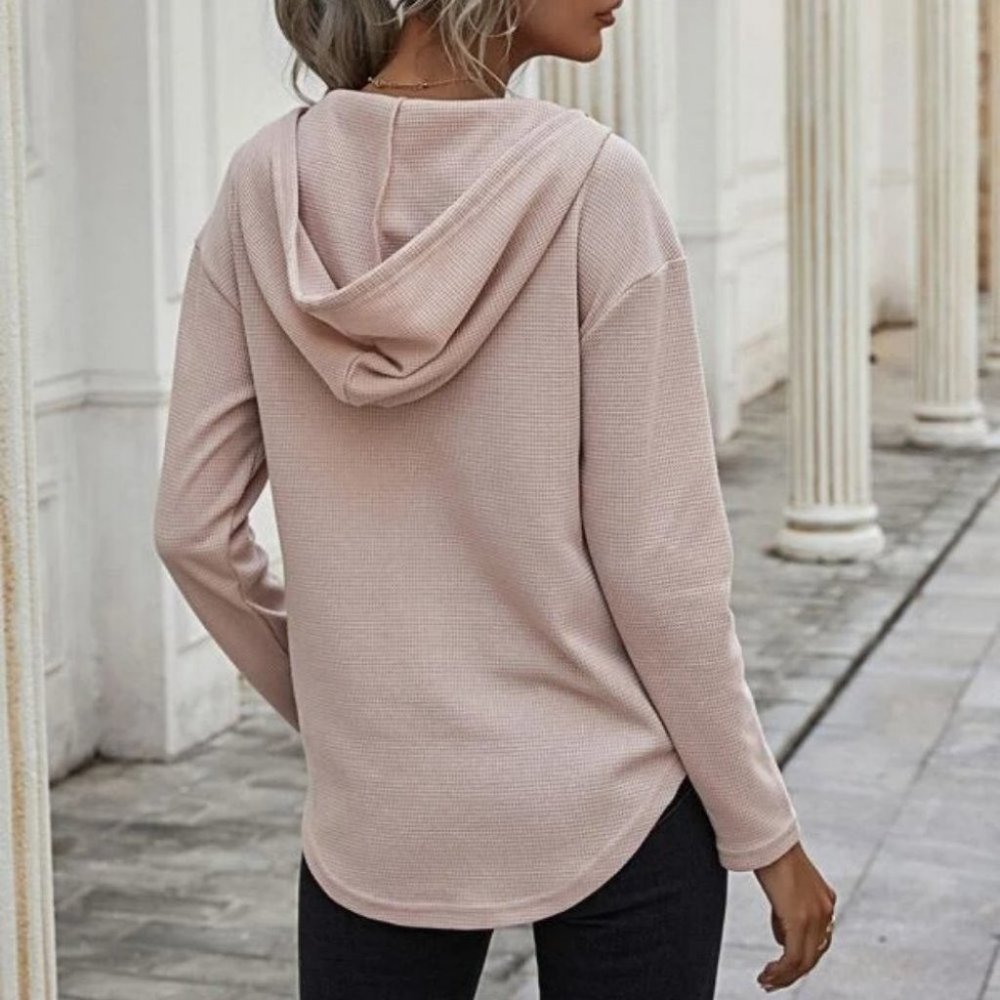 Comfy Curved Hem Drop Shoulder Drawstring Hoodie Top light apricot blush - Picture 2 of 8